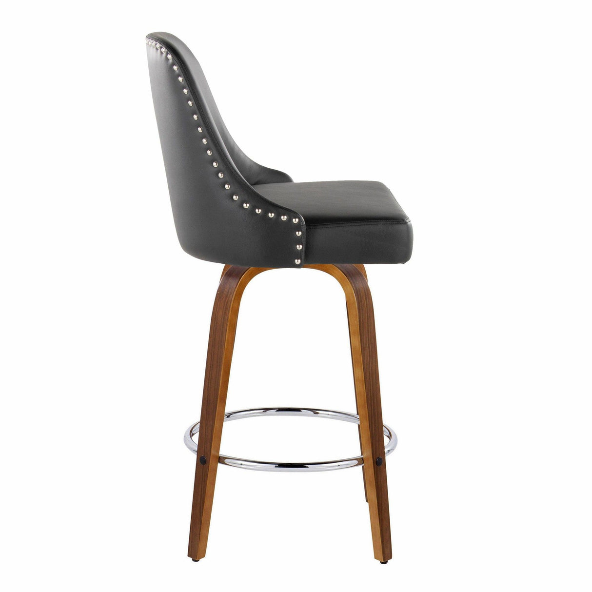 Marcel - 27" Fixed-Height Counter Stool With Swivel And Round Chrome Metal Footrest (Set of 2) - Walnut Wood And Black Faux Leather With Chrome Nailhead Trim