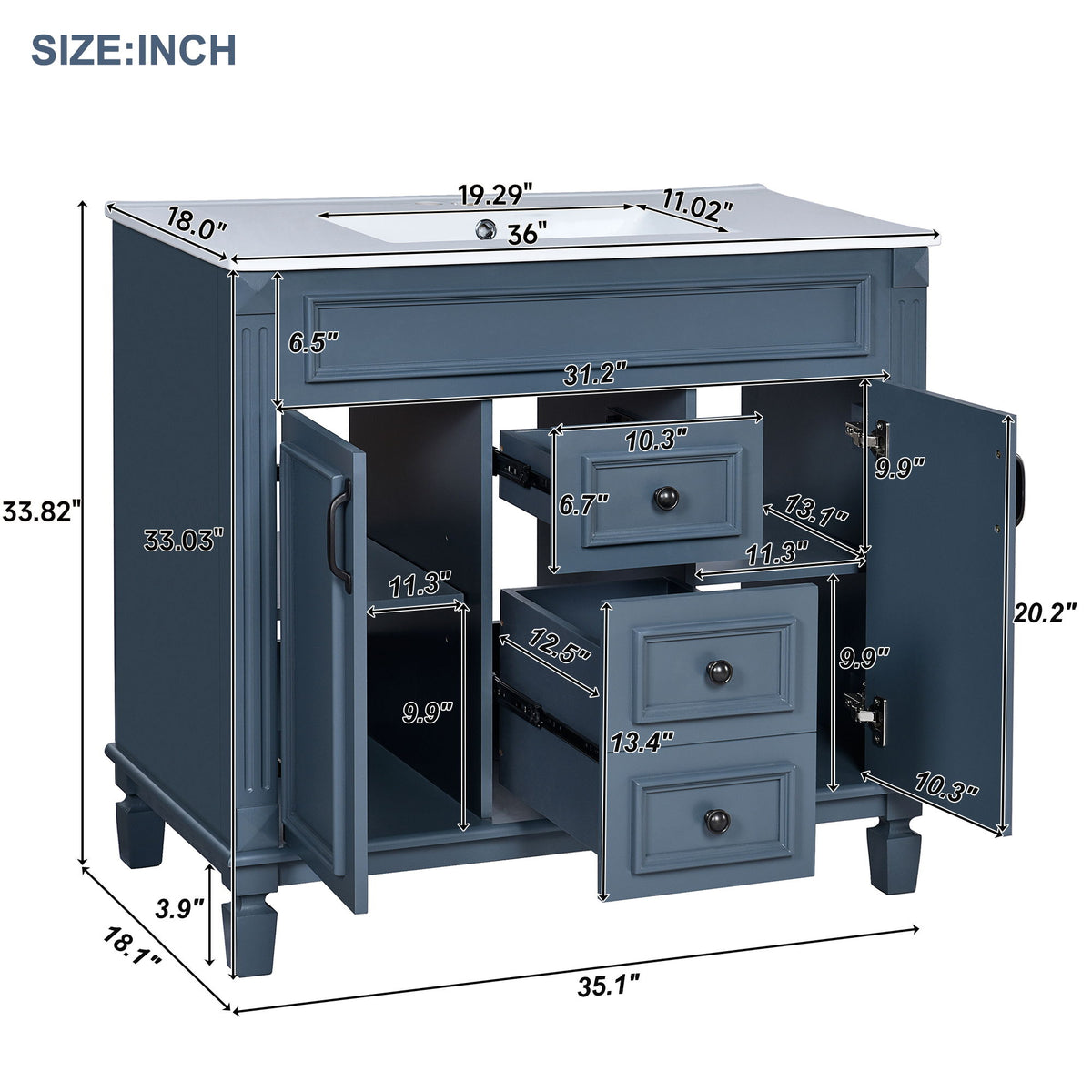 Bathroom Vanity With Top Sink, Cabinet With 2 Soft Closing Doors And Drawers