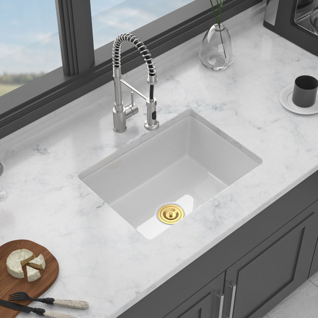 Rectangular Deep Single Bowl Kitchen Sink, Undermount Top Mount Porcela Stainless Steel Grid - White