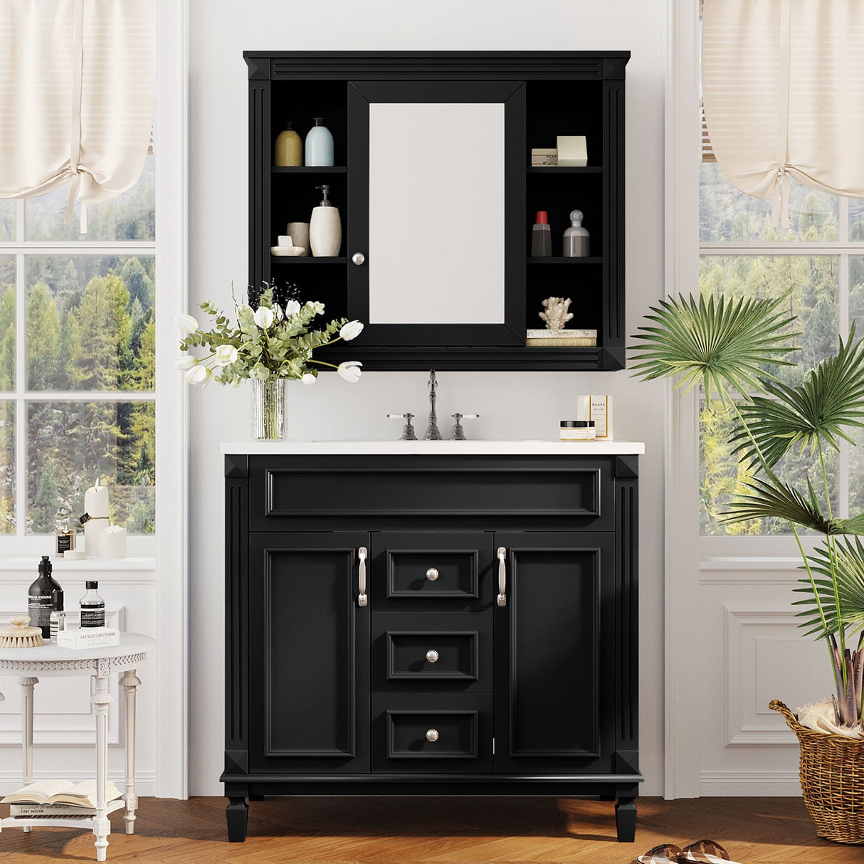 Bathroom Vanity With Top Sink, Mirror Cabinet, 2 Soft Closing Doors & 2 Drawers