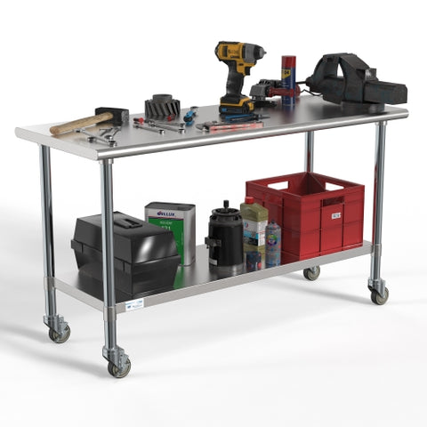 24" x 60" 18-Gauge 304 Stainless Steel Commercial Work Table with Casters, CT2460-18C.