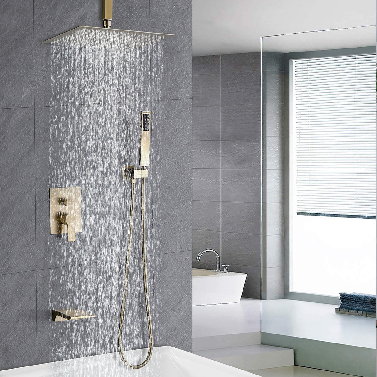 Contemporary Shower System With 12" Rainfall Head And Handheld Spray, Wall Mounted