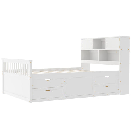 Captain Platform Bed Frame With Bookcase Headboard, 4 Drawers, Storage Shelves