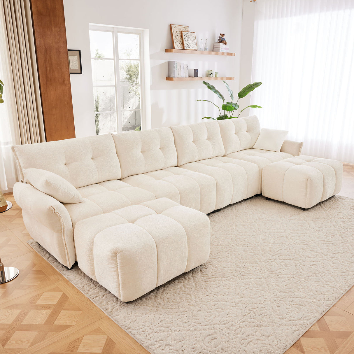 Sofa Set With Ottoman And Pillows, Textured, High Resilience Cushions