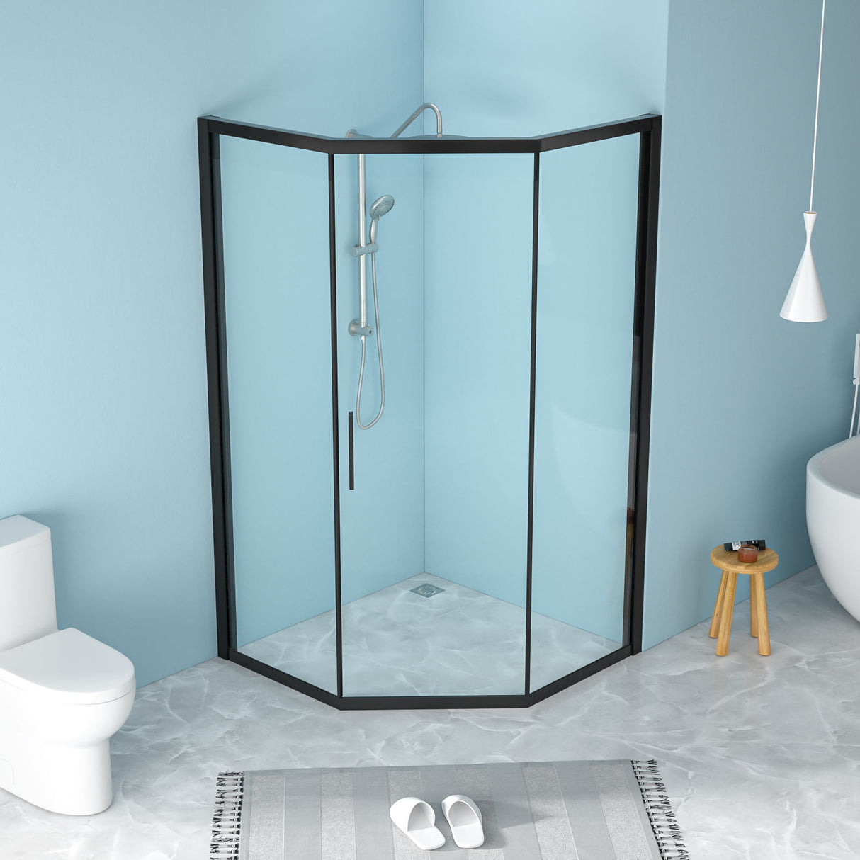 Diamond Shaped Corner Shower Door, Inward Sliding, Stainless Steel Frame
