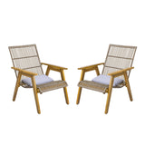 Acacia Wood Cape Woven Wicker Large Lounge Chair With Pillow For Patio, Deck, Yard, Lawn And Garden Seating Wicker (Set of 2) - Teak