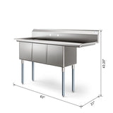63 in. Three Compartment Commercial Sink, Bowl Size 15x15x14, Stainless-Steel 16 Gauge with Right Drainboard (KM-SC151514-15R316)