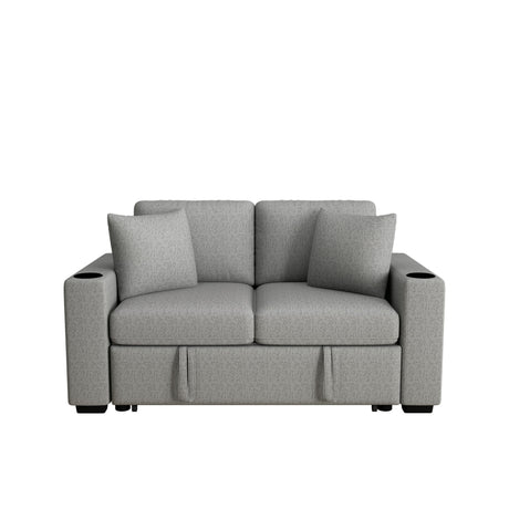 Modern 2 Seater Loveseat Sofa With Pull-Out Bed, Chenille Fabric, Built-In USB Ports & Cup Holders