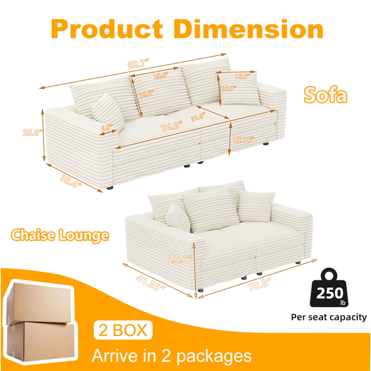Plush Corduroy 4 Seat Sofa, Modern Comfy Upholstered Sofa Cloud Couch, Deep Seat Couches With Soft Pillows