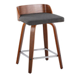 Maya - Mid-Century Modern Fixed-Height Swivel Counter Stool (Set of 2) - Walnut Wood And Charcoal Fabric With Square Chrome Metal Footrest