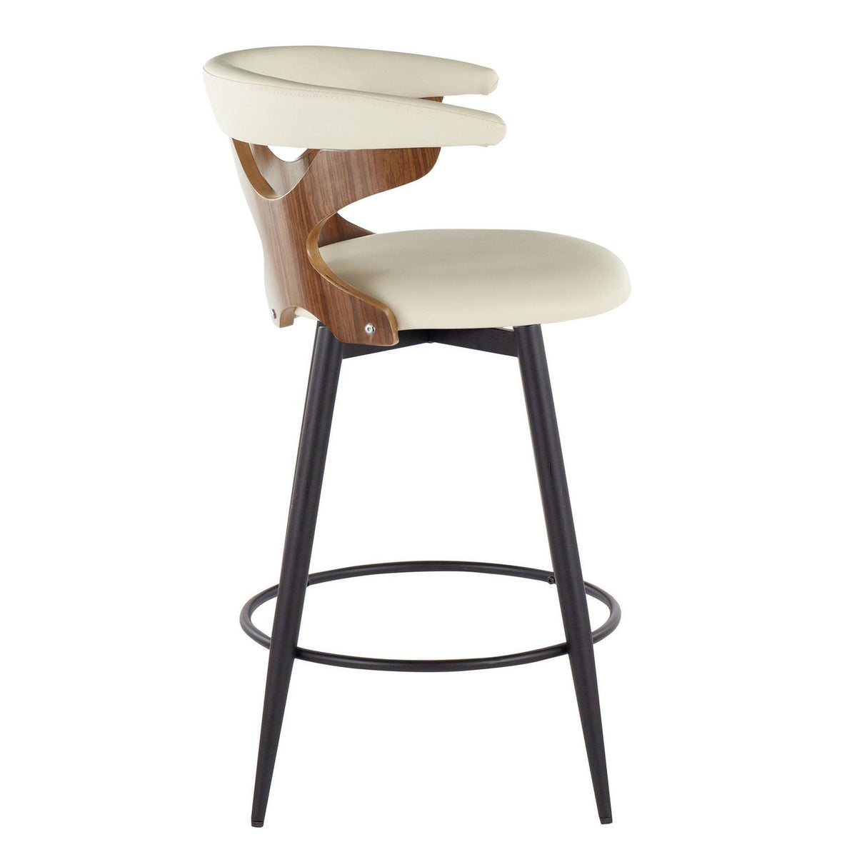 Gardenia - 25" Fixed-Height Counter Stool With Swivel And Rounded Black Metal Footrest (Set of 2) - Black Metal, Walnut Wood