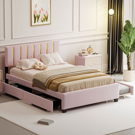 Upholstered Platform Bed With 2 Drawers And 1 Trundle, Classic Strip Headboard Design
