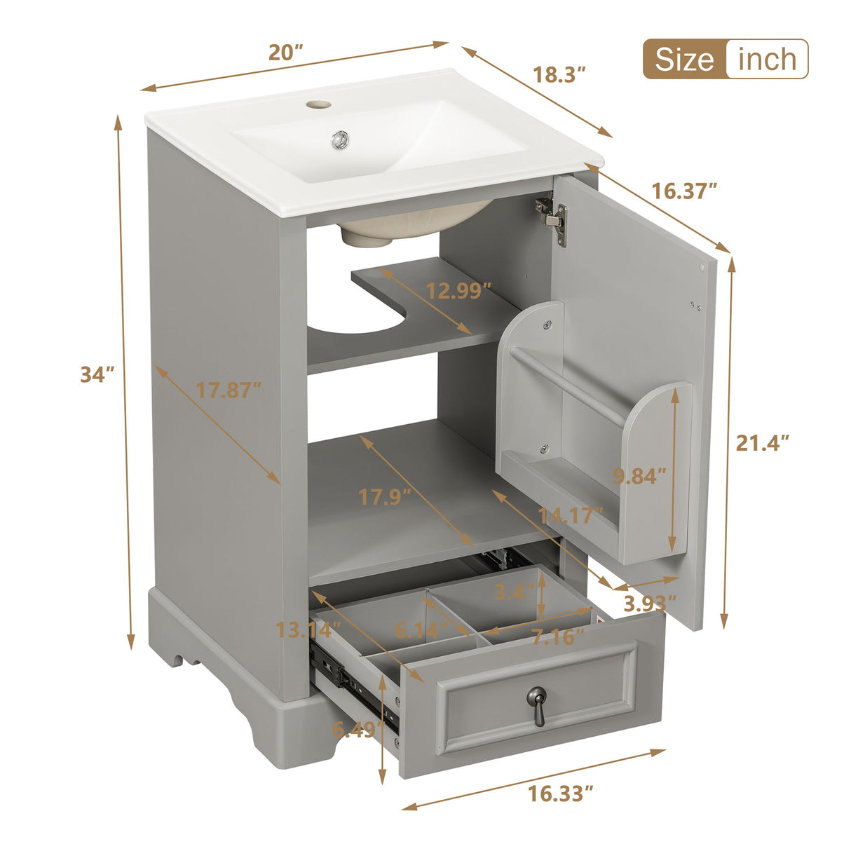 Bathroom Vanity With Sink, Soft Close Door, Adjustable U-Shaped Shelf