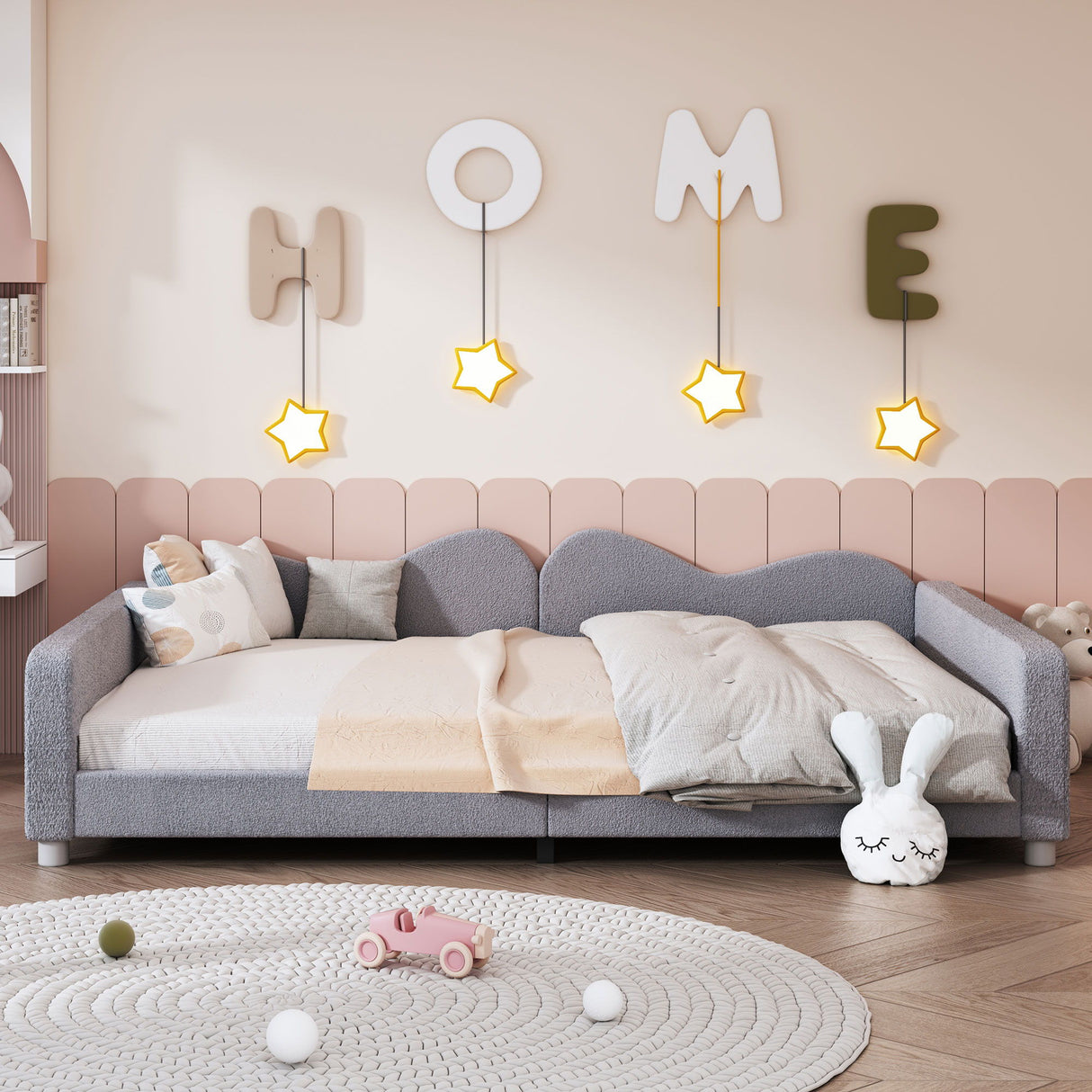 Upholstered Daybed, Sherpa Fabric Sofabed With Cloud-Shaped Backrest