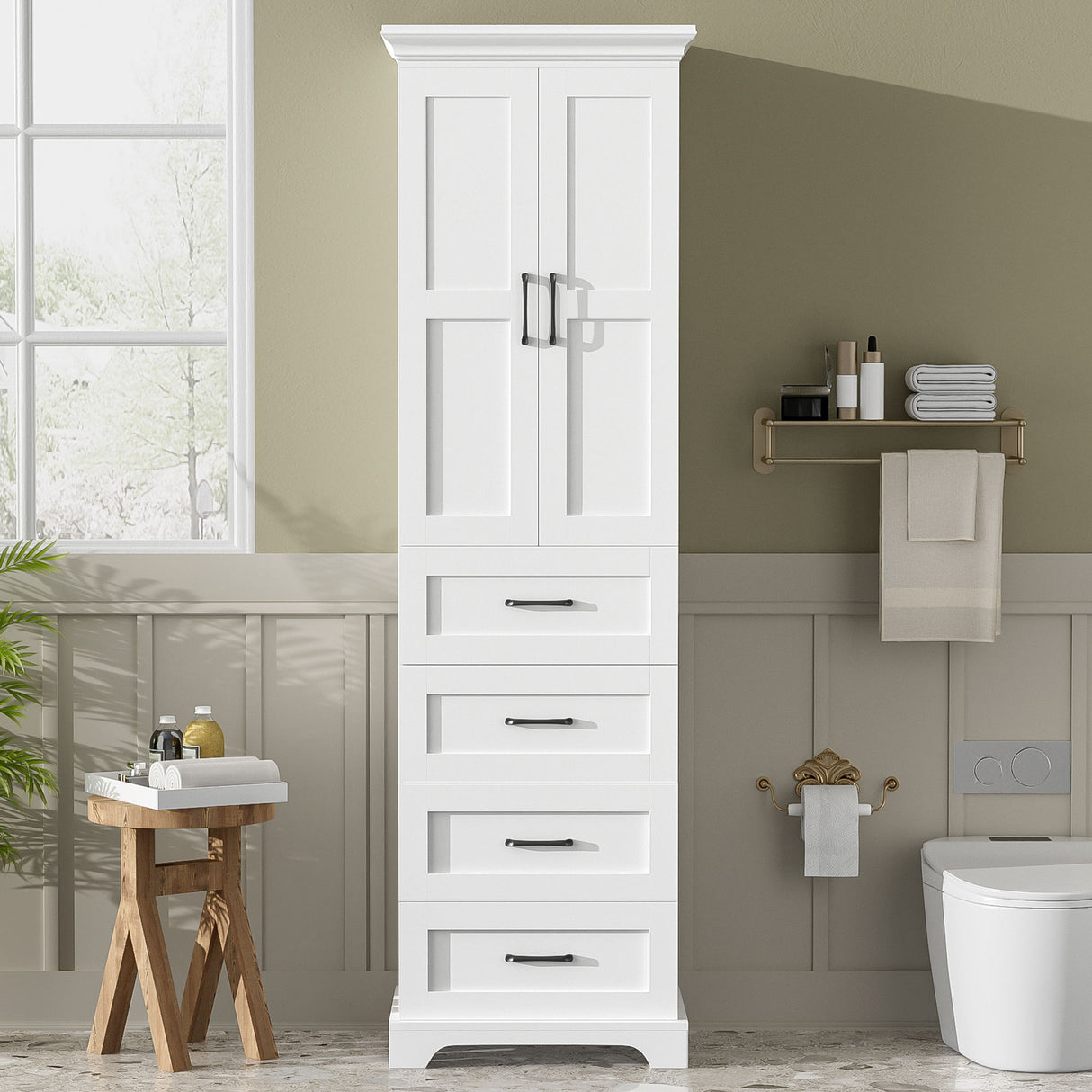 Bathroom Vanity With 2 Damping Hinge Doors, 3 Drawers, Adjustable Shelves - White