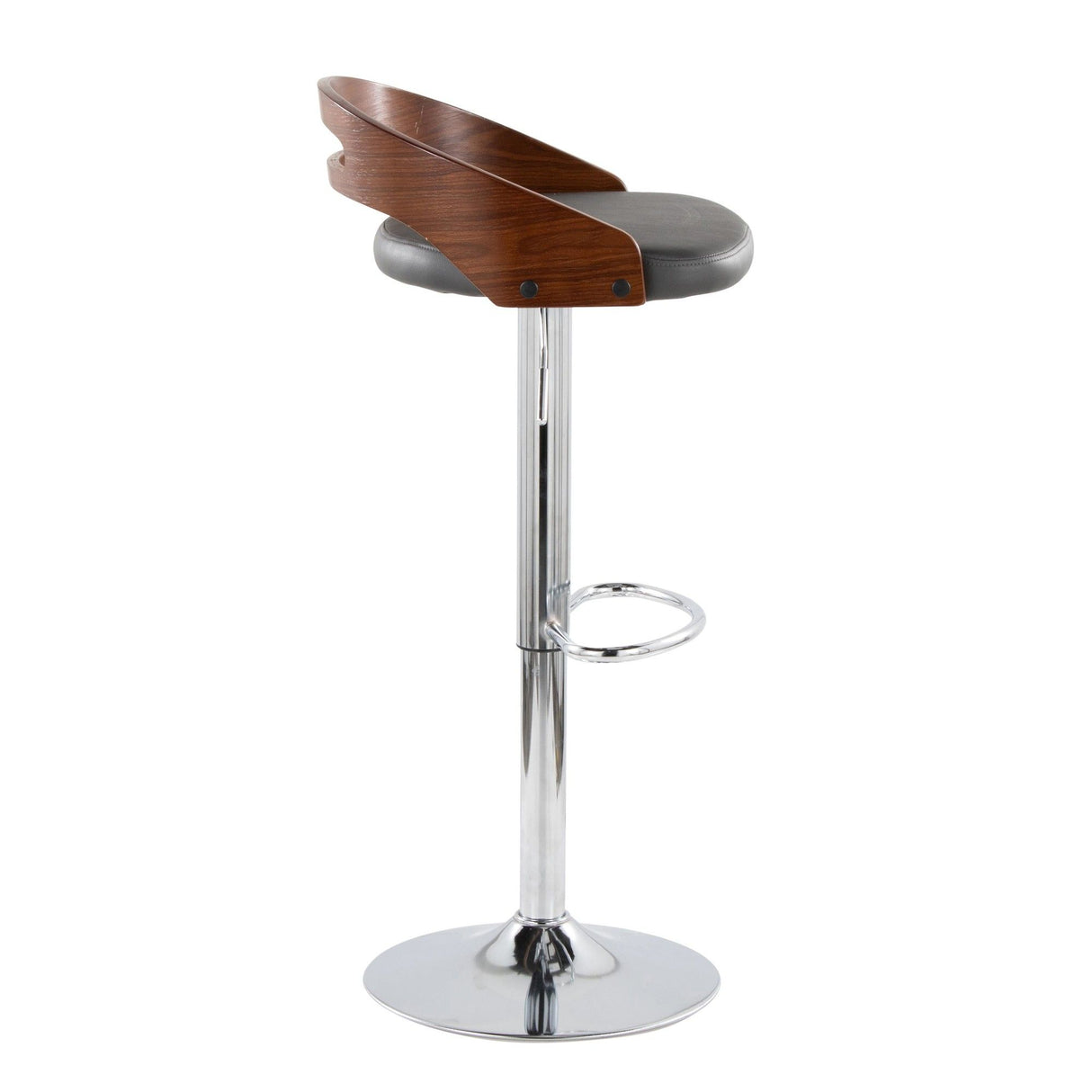 Cassis - Mid-Century Modern Adjustable Barstool With Swivel (Set of 2) - Chrome Metal, Walnut Wood And Gray Faux Leather With Oval Footrest