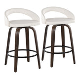 Grotto - Upholstered Fixed-Height Counter Stool (Set of 2) - Walnut Glazed Wood, White Faux Leather, Black Metal