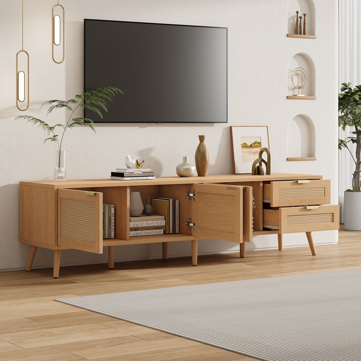 TV Stand, Media Console, 2 Drawers & Cable Management - Natural Wood
