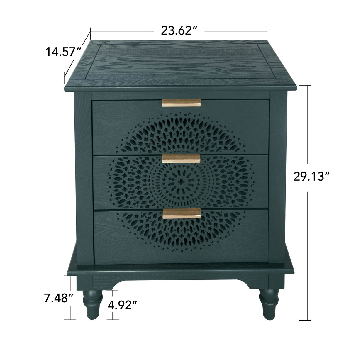 Hollow Carved 3 Drawer Dresser With Metal Handles, Storage Chest For Living Room Or Bedroom - Blackish Green