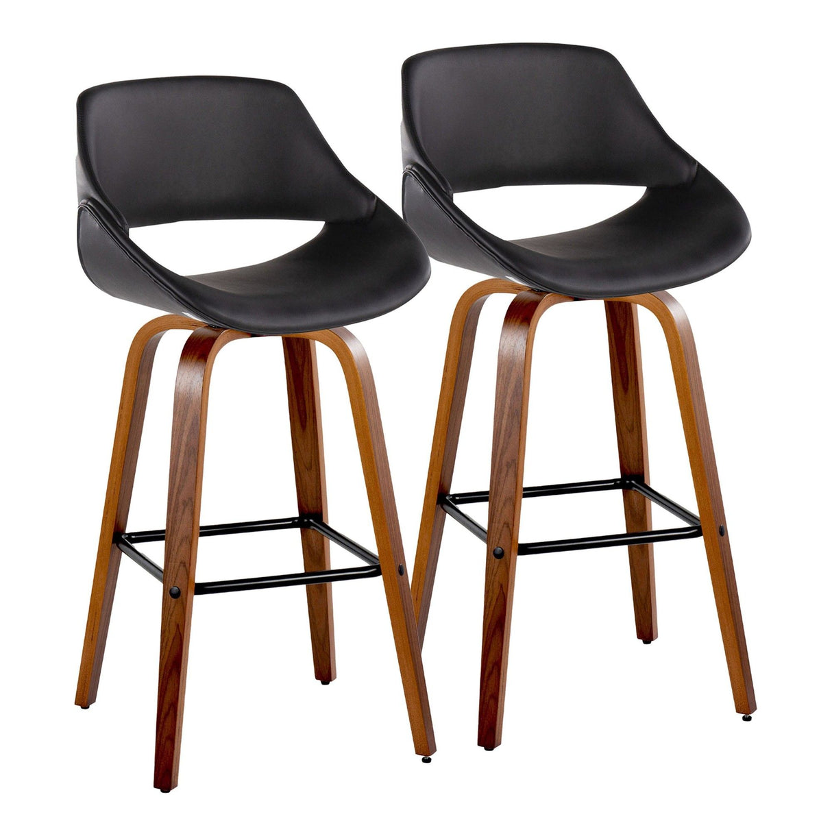 Fabrizzi - 30" Fixed-Height Barstool With Swivel And Square Black Metal Footrest (Set of 2) - Walnut Wood