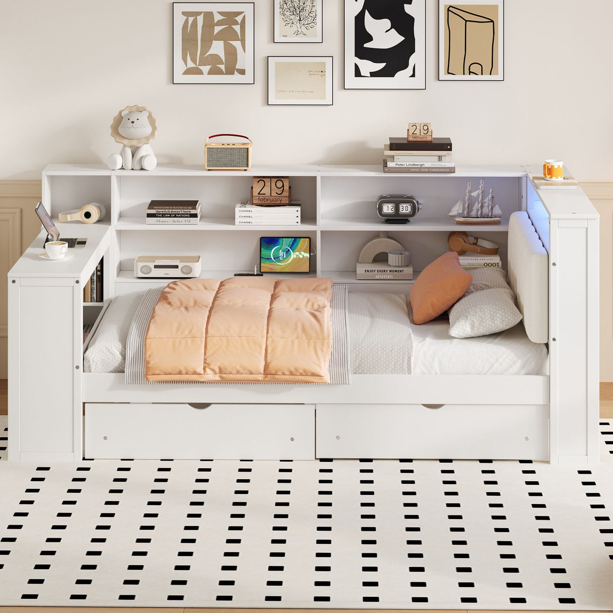 Platform Bed With Upholstered Headboard, Storage Shelves, Drawers, Charging Station, LED Lighting, Built In Desk