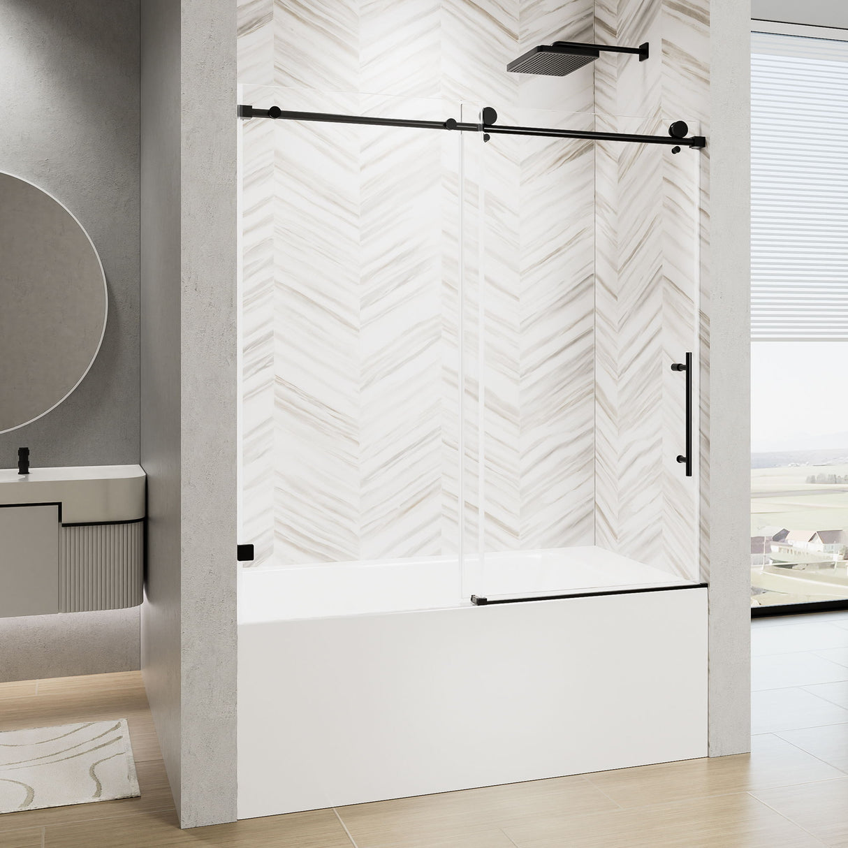 Frameless Single Sliding Shower Door With Soft Close, 5 / 16" Clear Nano Coated Tempered Glass, 60" X 60" - Matte Black