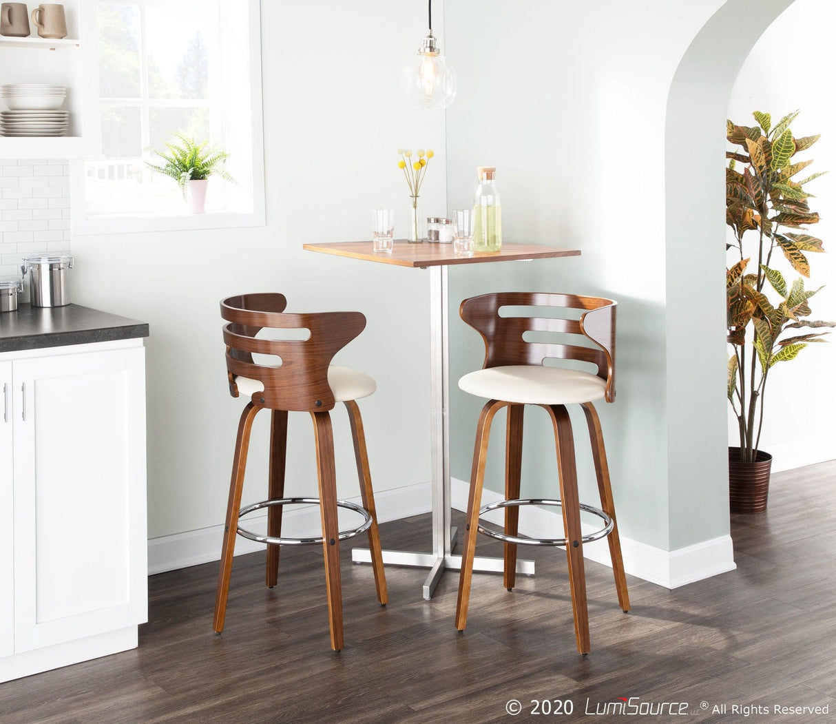 Cosini - Barstool With Swivel (Set of 2) - Walnut And Cream Faux Leather