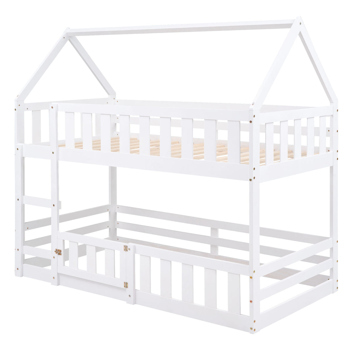 Twin Over Twin House Bunk Bed With Fence And Door