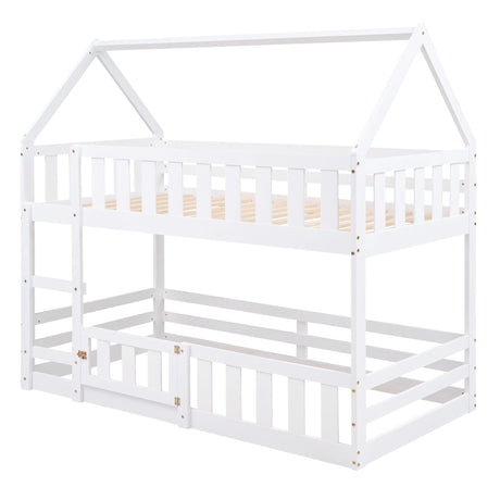 Twin Over Twin House Bunk Bed With Fence And Door