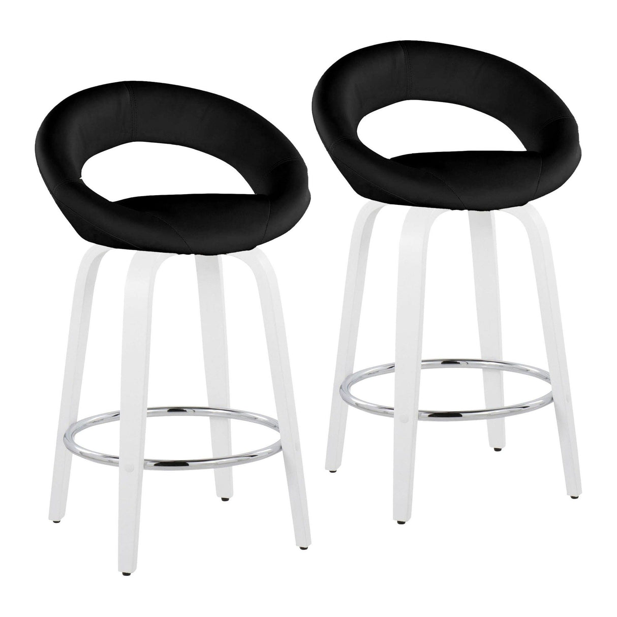 Posh - Contemporary Fixed-Height Swivel Counter Stool (Set of 2) - White Wood & Black Faux Leather & Round Chrome Footrest