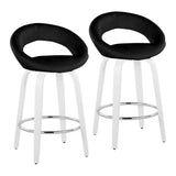Posh - Contemporary Fixed-Height Swivel Counter Stool (Set of 2) - White Wood & Black Faux Leather & Round Chrome Footrest