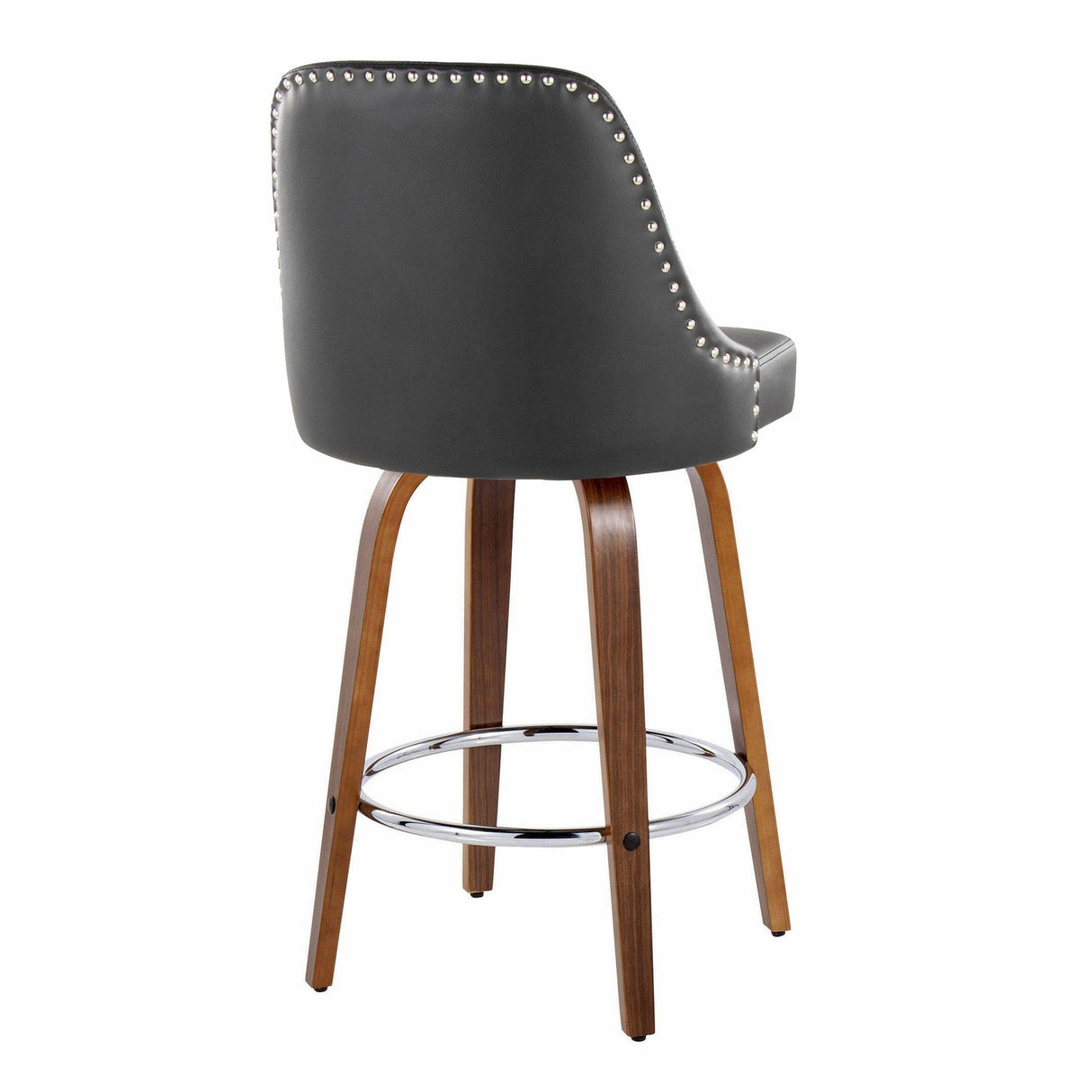 Marcel - 27" Fixed-Height Counter Stool With Swivel And Round Chrome Metal Footrest (Set of 2) - Walnut Wood And Black Faux Leather With Chrome Nailhead Trim