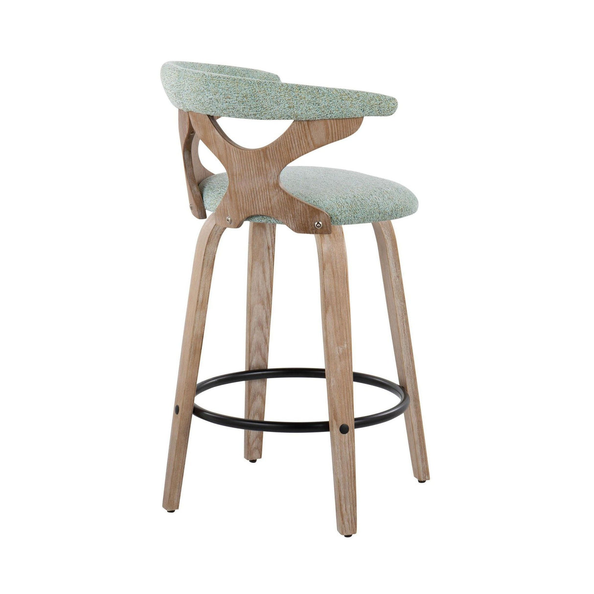 Gardenia - 26" Fixed-Height Counter Stool With Swivel (Set of 2) - Whitewashed Wood, Seafoam Green Fabric, Black Metal