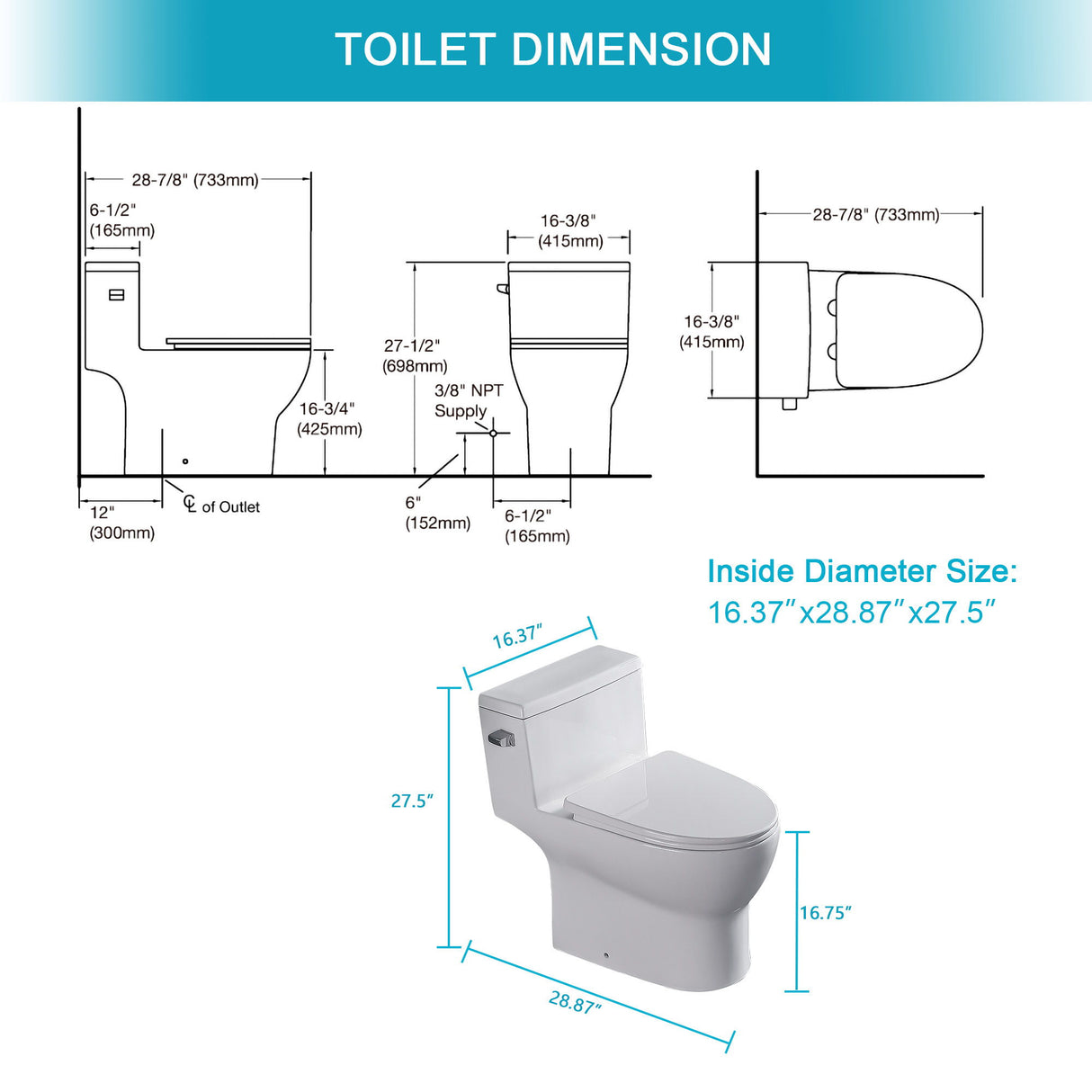 1 Piece Toilet, Soft Closing Seat - White