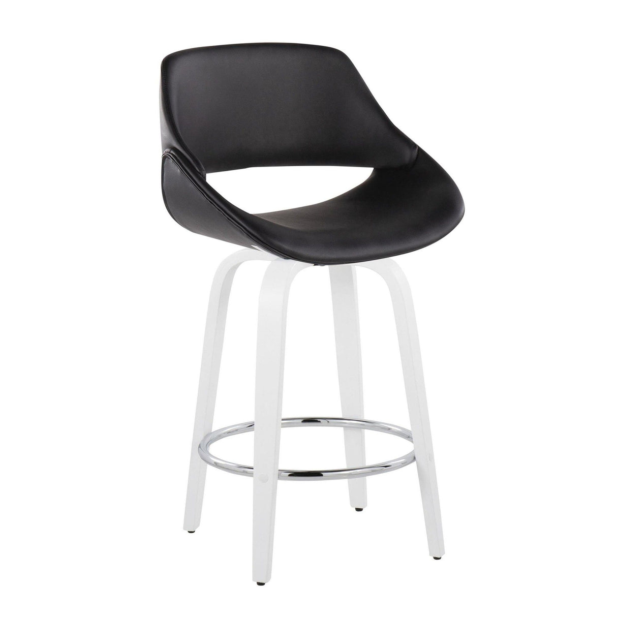 Cinch - Contemporary Fixed-Height Swivel Counter Stool (Set of 2) - White Wood / Black Faux Leather / Round Chrome Footrest