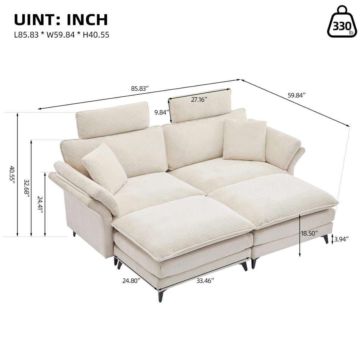 Modern Corduroy Deep Seat Sectional Sofa With Ottoman