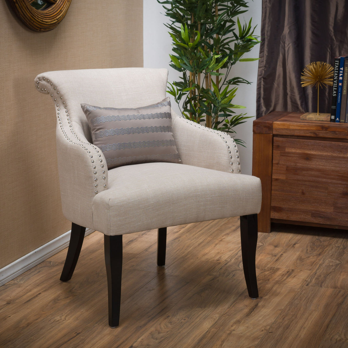Upholstered Armchair With Rolled Back, Tapered Legs And Nailhead Trim - Light Beige