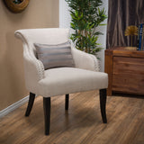 Upholstered Armchair With Rolled Back, Tapered Legs And Nailhead Trim - Light Beige
