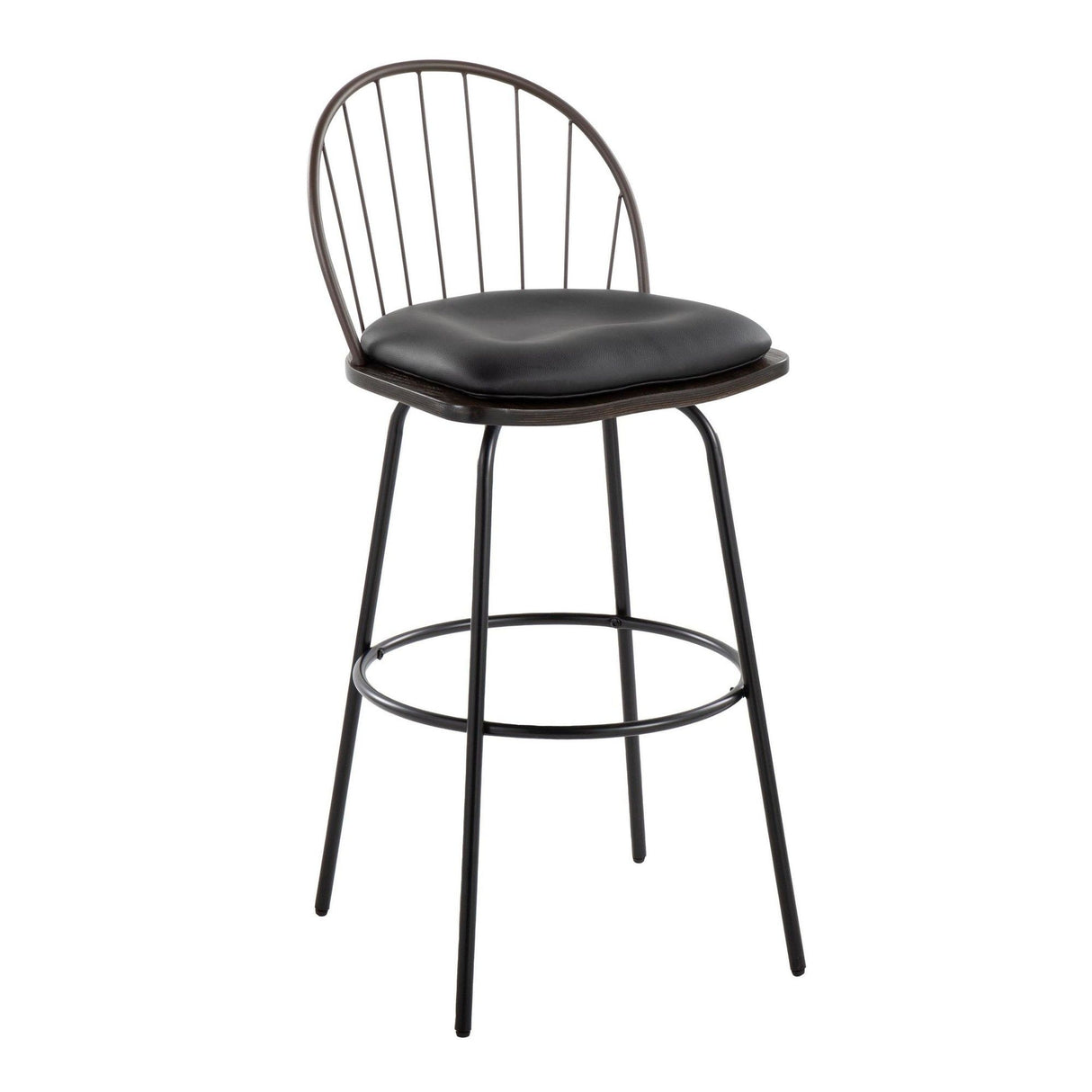 Riley - Claire Farmhouse Fixed-Height Swivel Barstool (Set of 2) - Black Metal, Bronze Metal, Dark Walnut Wood And Brown Faux Leather With Round Black Metal Footrest