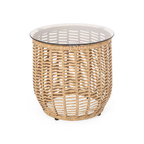 Boho Arias - Side Table With Tempered Glass Top And Rattan Wrap