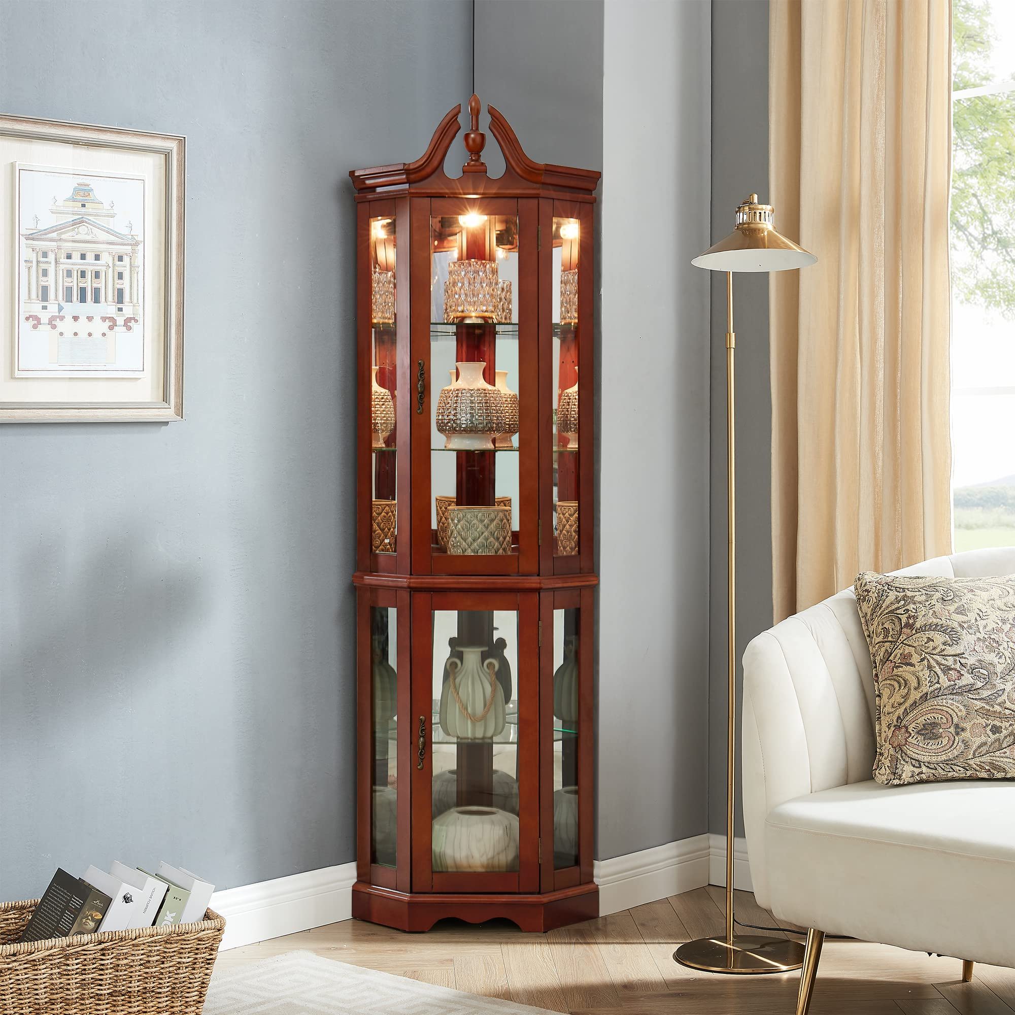 Corner Curio Cabinet With Lights Adjustable Tempered Glass Shelves D Varouj