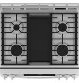 GE GGS600AVWW white slide-in gas range angled view