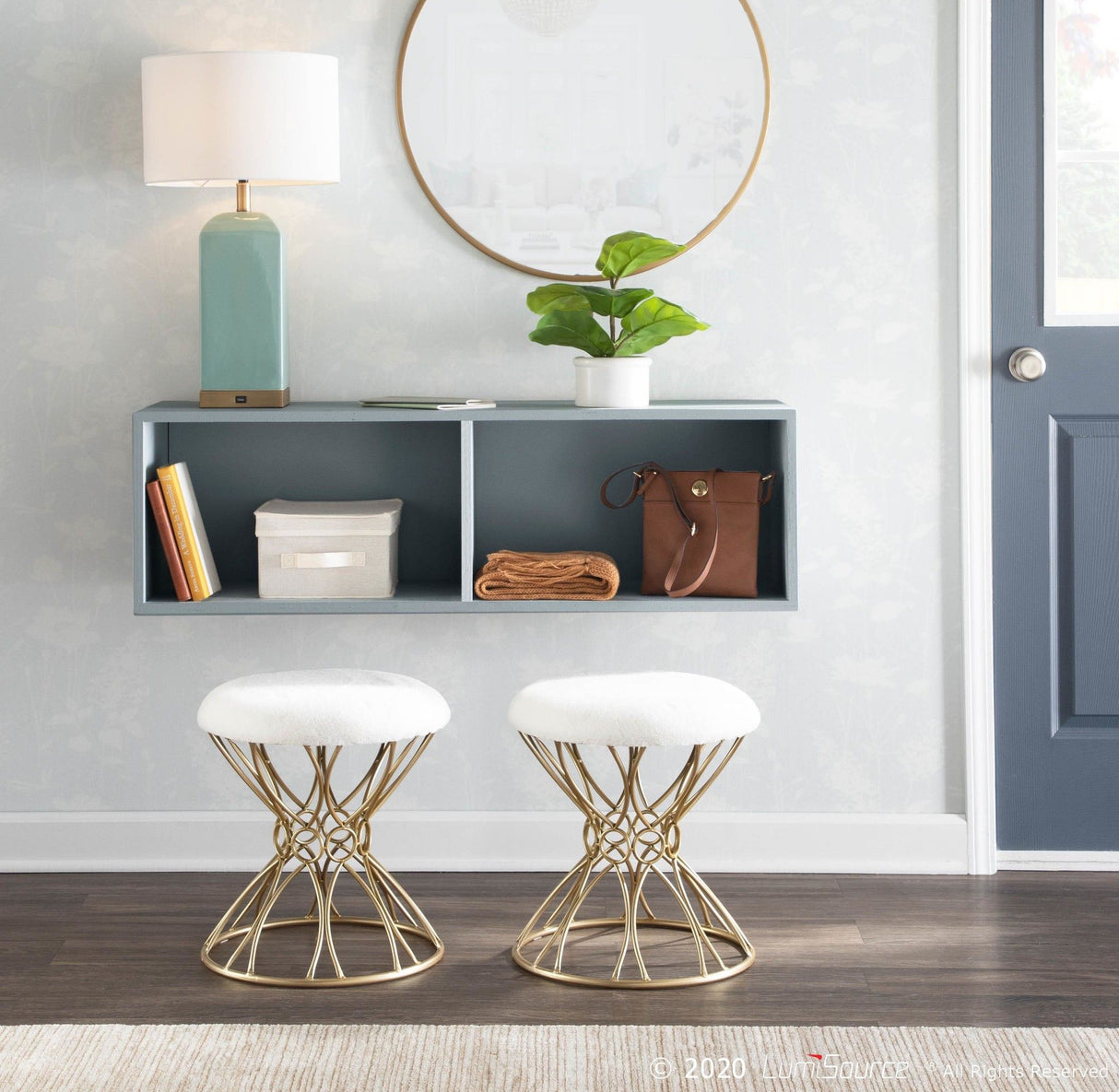 Jasmine - Vanity Stool - Gold Metal And White Plush Fabric - 18"