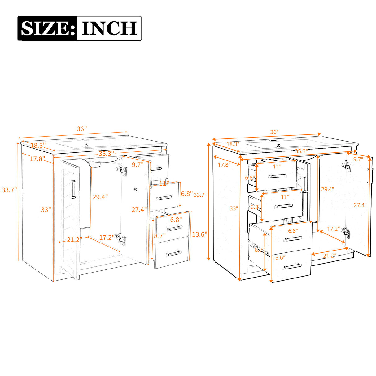 Modern Bathroom Vanity With Ceramic Sink, 6 Drawers & Soft-Close Doors