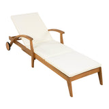 Versatile Chaise Lounge With Wheels Acacia Wood Recliner For Patio - Cream