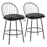 Riley - Claire Farmhouse Fixed-Height Swivel Counter Stool (Set of 2) - Black Metal, Bronze Metal, Walnut Wood And Brown Faux Leather With Round Black Metal Footrest