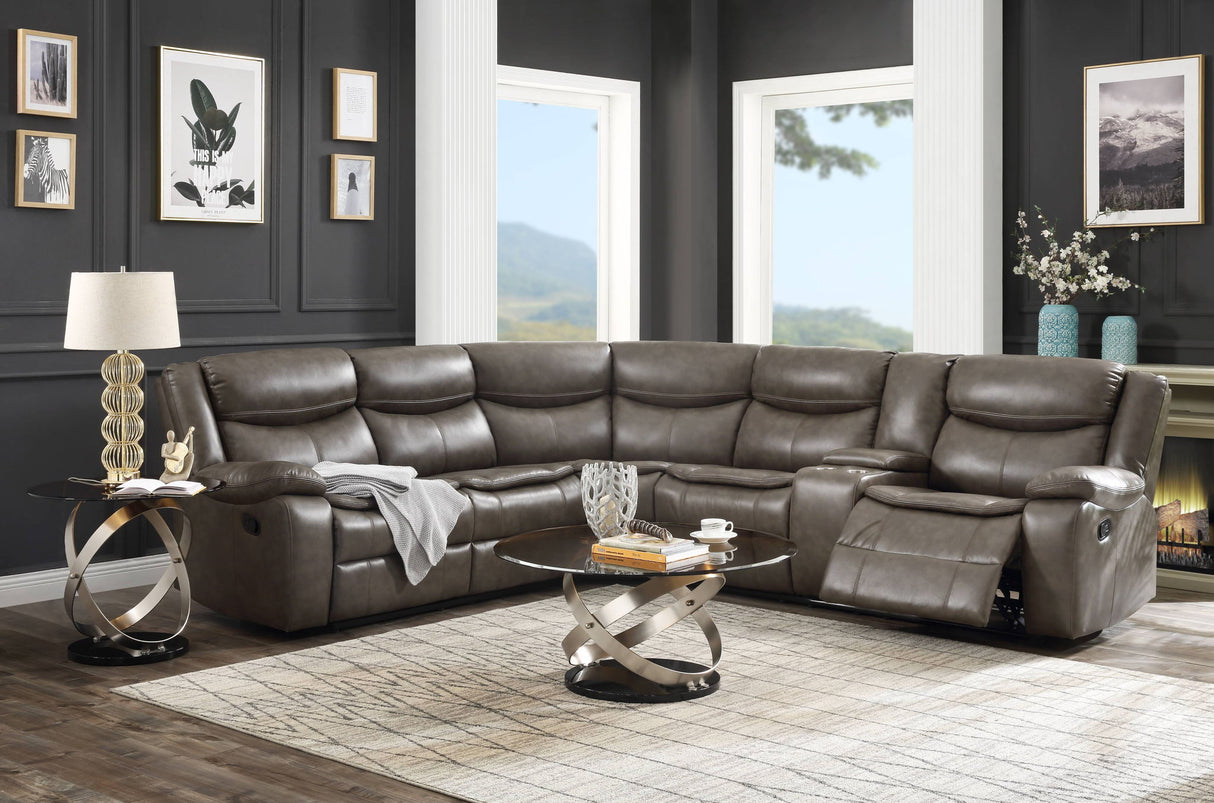 Tavin - Faux Leather Manual Recliner Sectional Sofa With Cupholder Console - Taupe