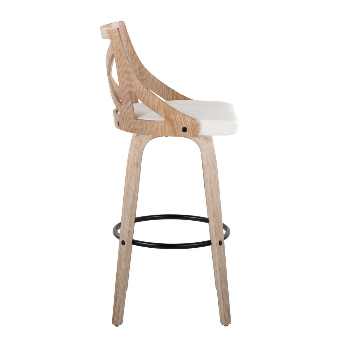 Charlotte - Farmhouse Fixed-Height Swivel Barstool (Set of 2) - Whitewashed Wood And White Faux Leather With Round Black Metal Footrest