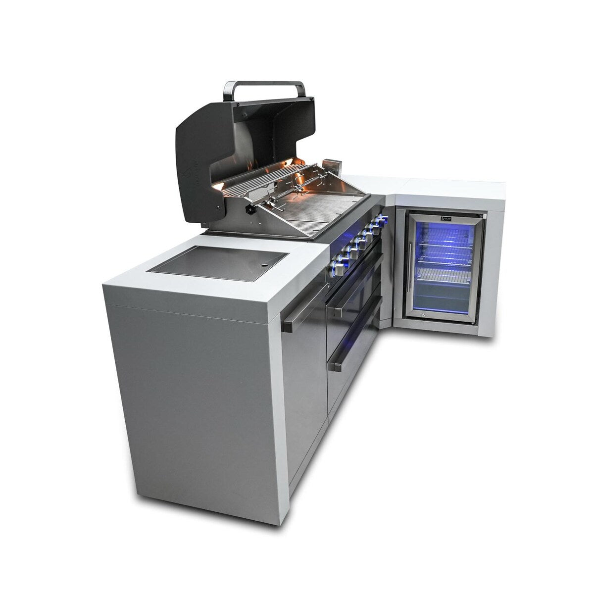 Mont Alpi Deluxe Series 8 Ft L-Shaped Natural Gas Outdoor Kitchen Island w/ Side Burner & Fridge- MAi805-D90FC