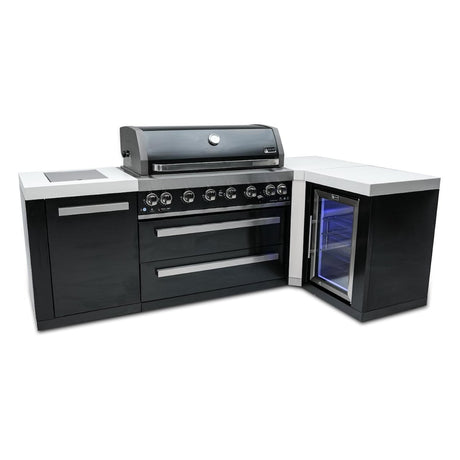 Mont Alpi Black Series 8.5 Ft L-Shaped Propane Outdoor Kitchen Island w/ Side Burner & Fridge - MAi805-BSS90FC